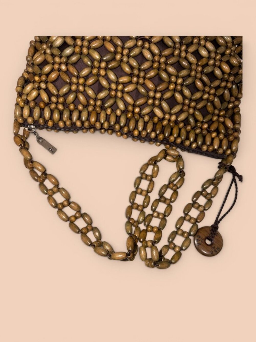 VTG The Sak Bora Bora Wooden Beaded Shoulder Bag Beige Brown Hobo Y2K Boho Beach - Picture 10 of 10